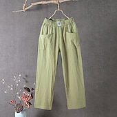  Mulheres Calças de linho de algodão Calças Calça verão Calças largas Sólido Clássico Mimolet Cintura Média Bolsos Folgado Design de cordão elástico Conforto Respirabilidade Macio Micro-Elástica