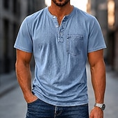 cheap Casual Henley Tee-Men's Henley Shirt 100% Cotton Acid Wash Shirt T shirt Tee Short Sleeve Plain Retro Vintage Casual Distressed Vintage Style Washed Henley Casual Spring &amp; Summer Summer Spring Black Light Green Pink