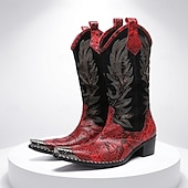 tanie Wysokiej jakości skórzane buty-męskie czerwone haftowane kowbojskie buty – zabytkowe, westernowe buty do jazdy konnej, designerskie obuwie na rodeo, koncerty country, festiwale muzyczne i występy sceniczne
