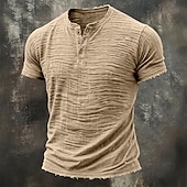 cheap Cotton Linen T-shirts-Men's T Shirt Linen T-Shirt Short Sleeve Henley Summer Spring Solid Color Textured Vacation Vintage Sports Raw Edge Casual Home Outdoor White Wine Green Top Tee for Men