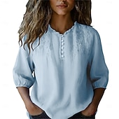 baratos Camisas-Mulheres Blusa Côr Sólida Tecido Diário à moda Básico Manga 3/4 Gola Redonda Tops regulares Casual Diário Azul Verão Primavera