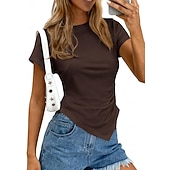  Mujer Camisa Blusa Frunce Color sólido Ropa de calle Diario Manga Corta Cuello Barco Tops cortos Casual Bleu Ciel Negro Blanco Rosa Marrón Verano Primavera