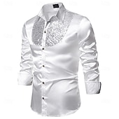 cheap Men's Satin Shirts-Men's Shirt Satin Shirt Dress Shirt Casual Shirt Solid Color Outdoor Work Black White Red Navy Blue Long Sleeve Turndown Summer Spring Clothing Apparel Sequins