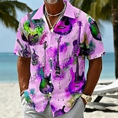 cheap Music and Guitars-Men's Guitar Musical Instrument Shirt Summer Shirt Button Up Shirt Short Sleeve Vintage Retro Outdoor Beach Vacation Wear Summer Spring Turndown 3D Print Button Up Shirts Blue Yellow Purple Green