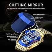 economico Orologi al quarzo-Orologio da polso di lusso da uomo in oro, design creativo a scudo triangolare con esclusivo display a disco rotante, cristallo blu sfaccettato, cinturino in acciaio inossidabile, impermeabile,