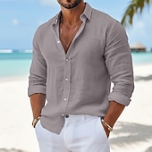 preiswerte Urlaub-Herren Hemd Leinenhemd Sommerhemd Strandbekleidung Knopfhemd Einfach Lässig Täglich Schwarz Weiß Rosa Grün Langarm Kragen Frühling &amp; Sommer Bekleidung