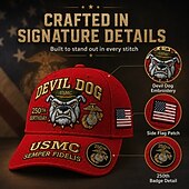  Boné comemorativo do 250º aniversário do Corpo de Fuzileiros Navais dos EUA, modelo Devil Dog. &Conjunto de moedas, boné de beisebol vermelho bordado com emblema da USMC Semper Fidelis (águia, globo e