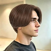 economico Parrucche uomo-parrucca corta liscia da uomo marrone con riga centrale, parrucca sintetica resistente al calore, parrucca divertente per uomo, per uso quotidiano, feste, cosplay, costume di Halloween