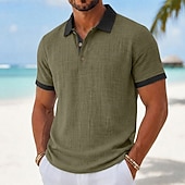 cheap Men's Classic Polo-Men's Linen Shirt Polo Shirts Casual Vacation Classic Short Sleeve Fashion Solid Color Textured Color Block Buttons Summer Spring Regular Fit Light Green Green Gray Light Blue Linen Shirt