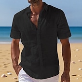 preiswerte Urlaub-Herren Leinenhemd Sommerhemd Strandbekleidung Knopfhemd Einfach Urlaub Kreuzfahrt Schwarz Weiß Hellgrün Rosa Kurzarm Umlegekragen Sommer Bekleidung