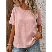  Dame Linskjorte Sommerskjorte Pullover Årgang Kortermet Crew-hals Avslappet Sommer Vår