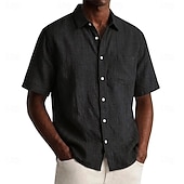 abordables Classic-Men Shirt Linen Shirt Summer Shirt Beach Wear Button Up Shirt Plain Casual Daily Black Navy Blue Sky Blue Khaki Short Sleeve Collar Spring &amp; Summer Summer Clothing Apparel Pocket