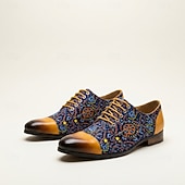 cheap Elemental Dress Shoes-Men's Floral Print Oxford Dress Shoes, Handmade Leather Business Casual Shoes, Fashion Statement Footwear for Weddings, Parties, Formal Events