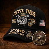  Boné comemorativo do 250º aniversário do Corpo de Fuzileiros Navais dos EUA, modelo Devil Dog. &Conjunto de moedas, boné de beisebol vermelho bordado com emblema da USMC Semper Fidelis (águia, globo e