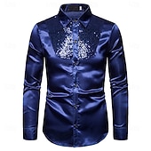 cheap Men's Satin Shirts-Men's Shirt Satin Shirt Dress Shirt Casual Shirt Solid Color Outdoor Work Black White Red Navy Blue Long Sleeve Turndown Summer Spring Clothing Apparel Sequins
