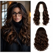 preiswerte Trendige synthetische Perücken-Highlight-Ombré-Braun, gewellte Stufenperücke mit Vorhangpony für Frauen, synthetische dunkelbraune Highlight-Perücke, lang, lockig, natürliche Körperwelle für den täglichen Partygebrauch, 24 Zoll