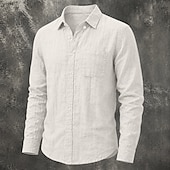 baratos Clássico-Masculino Camisa Social Camisa de linho camisa de verão camisa de botão Tecido Casual Roupa Diária Preto Branco Verde Claro Rosa Manga Longa Aberto para a Lateral Primavera Verão Verão Roupa Bolso