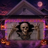  Halloween Garage Door Cover With String Lights White Skull Hanging Tapestry Haunted House Decoration Creepy Outdoor Halloween Decor Spooky Horror Party Supplies for Yard Garden Garage Entrance
