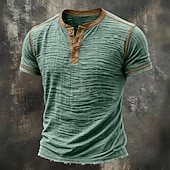 ieftine Tricouri din bumbac și in-Bărbați Tricou Tricou din in Manșon scurt Henley Vară Primăvară Toate Sezoanele Culoare solidă Texturat Vacanță Epocă Sport Peteci Bloc de Culoare Margine crudă Casual Casă În aer liber Alb Negru