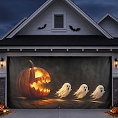 abordables Housse de porte de garage-Décoration de porte de garage pour Halloween, grand décor extérieur avec citrouille-lanterne, fantômes à la poursuite d'une maison hantée, bannière pour jardin ou porche.