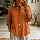 abordables Blouses Unies-Chemisier à col henley pour femme, coupe ample et décontractée, manches longues, fermeture boutonnée et poches