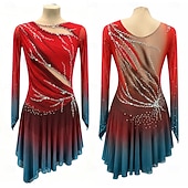 preiswerte Eiskunstlaufkleider-Eiskunstlaufkleid Damen Mädchen Eislaufen Kleid Rot Daumenloch Halo-Färbung Hohe Elastizität Professionell Wettbewerb Eiskunstlaufkleidung Thermowarm Kristall / Strass Langarm Eislaufen Eiskundstlauf