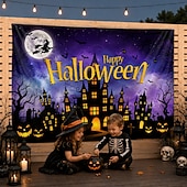 billiga Väggtapeter-halloween bakgrund glad halloween hemsökt hus väggtapet månen fladdermus natt utomhus bakgrund väggbonad för uteplats gård veranda staket barnfest fotobåsdekor