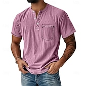 cheap Casual Henley Tee-Men's Henley Shirt 100% Cotton Acid Wash Shirt T shirt Tee Short Sleeve Retro Vintage Casual Distressed Vintage Style Washed Henley Casual Summer Spring Fall Black Light Green Pink Henley T-Shirt