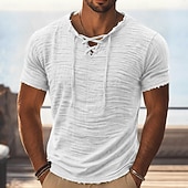 economico T-shirt in Cotone e Lino-Per uomo Maglietta Maglietta di cotone Manica Corta Collo con lacci Estate Primavera Tutte le stagioni Tinta unica Semplice Testurizzato Vacanza Vintage Sport Senza bordo Casuale Casa All'aperto