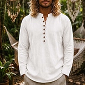 cheap Vacation-Men Linen Shirt Popover Shirt Summer Shirt Beach Wear Vintage Shirt Plain Casual Vacation Blue White Black Navy Blue Long Sleeve Henley Summer Spring Clothing Apparel Buttons