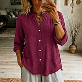 abordables Blouses Unies-Chemisier à col henley pour femme, coupe ample et décontractée, manches longues, fermeture boutonnée et poches