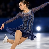 cheap Figure Skating Dresses-Navy Rhinestone Figure Skating Dress for Women &amp; Girls – Long Sleeve Mesh Competition Costume with Open Back and Asymmetrical Skirt