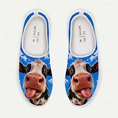  Tênis masculino slip-on com estampa de rosto de vaca branca e cabedal em mesh respirável em formato de favo de mel. &Tênis casual com sola de EVA leve, ideal para caminhadas diárias, praia e pesca.