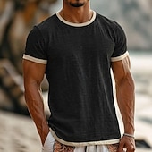 economico T-shirt in Cotone e Lino-Per uomo Maglietta Maglietta in lino Maniche Corte Girocollo Estate Semplice Moda Designer Essenziale Patchwork Blocco di colore Morbido Casuale Vacanza Streetwear Blu chiaro Nero Blu marino