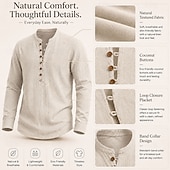 cheap Vacation-Men Linen Shirt Popover Shirt Summer Shirt Beach Wear Vintage Shirt Plain Casual Vacation Blue White Black Navy Blue Long Sleeve Henley Summer Spring Clothing Apparel Buttons