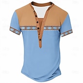 preiswerte Ethnischer Stil-Herren-T-Shirt im Ethno-Stil, Henley-Shirt aus Polyester, Kurzarm, Designer-Basic, Ethno-Look, Outdoor-Casual, Alltag, Sommer, See, Blau, Schwarz, Hellgrün, Dunkelblau, Hellblau, Henley-T-Shirt
