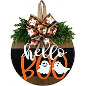 baratos Decoração ao ar livre-Guirlanda de madeira com fantasma para porta de Halloween, decoração divertida de fantasma para pendurar na porta da frente, enfeite rústico de boas-vindas para Halloween na varanda, entrada, parede,
