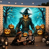 billiga Väggtapeter-halloween bakgrund pumpa fågelskrämma gobeläng jack o'lantern häxhatt utomhus bakgrund väggbonad för uteplats gård veranda staket skörd spökhusfest dekoration