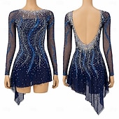 cheap Figure Skating Dresses-Navy Rhinestone Figure Skating Dress for Women &amp; Girls – Long Sleeve Mesh Competition Costume with Open Back and Asymmetrical Skirt