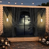abordables Tapices de pared-Cortina gótica de Halloween para ventana, tapiz de pared con ilusión 3D, mansión embrujada a la luz de la luna, fondo exterior para colgar en la pared del patio, jardín, porche, cerca, decoración para