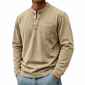 baratos Camiseta Henley Casual-Homens Camisa Henley Camisa 100% algodão com lavagem ácida Camiseta Manga Longa Vintage Retro Vintage Casual Estilo vintage Lavado Henley Casual Primavera Outono Todas as Estações Castanho Escuro