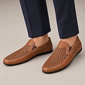 billiga Slip-On vardagsskor-Herrloafers i kohud och andningsbara mesh, bekväma vardagsskor med gummisula för vardagsbruk