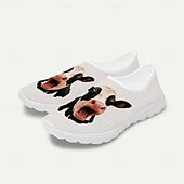  Tênis masculino slip-on com estampa de rosto de vaca branca e cabedal em mesh respirável em formato de favo de mel. &Tênis casual com sola de EVA leve, ideal para caminhadas diárias, praia e pesca.