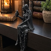 cheap Figurines &amp; Ornaments-Halloween Gothic Raven Shelf Sitter Statue Symbol of Mystery, Wisdom &amp; Dark Elegance Hooded Dark Lady Statue Witch Holding Raven, Decorations Sitting Woman Figurine
