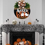 baratos Decoração ao ar livre-Guirlanda de madeira com fantasma para porta de Halloween, decoração divertida de fantasma para pendurar na porta da frente, enfeite rústico de boas-vindas para Halloween na varanda, entrada, parede,