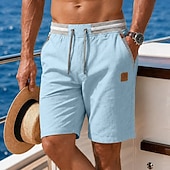 baratos Feriado-Homens Calção Shorts de linho Shorts de verão Shorts de praia Com Cordão Bolsos Cintura elástica Bloco de cor Cor Única Conforto Respirável Curto Casual Diário Praia Férias Moda Cáqui ダークカーキ Com