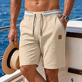 baratos Feriado-Homens Calção Shorts de linho Shorts de verão Shorts de praia Com Cordão Bolsos Cintura elástica Bloco de cor Cor Única Conforto Respirável Curto Casual Diário Praia Férias Moda Cáqui ダークカーキ Com