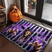  Halloween 3D Optical Illusion Doormat Witch Skeleton Skull Front Door Mat Purple Scary Witch Hat Indoor Outdoor Entrance Rug Creepy Halloween Porch Decor