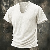 cheap Cotton Linen T-shirts-Men's T Shirt 100% Cotton T-Shirt Short Sleeve V Neck Summer Spring Solid Color Textured Vacation Vintage Sports Raw Edge Casual Home Outdoor Black White Wine Top Tee for Men