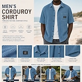 cheap Men's Smart Casual Shirts-Men's Shirt Casual Shirt Corduroy Shirt Button Up Shirt Black White Light Blue Short Sleeve Plain Shirt Collar Casual Daily Front Pocket Clothing Apparel Elegant Fashion Casual